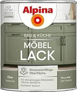 Alpina Bad & Küche Möbel-Lack Olive – Seidenmatter Hochdeckender Lack für Bad- und Küchenmöbel - Möbelfarbe für Holz & MDF, feuchtraumgeeignet und pflegeleicht. Ideal für DIY-Renovierungen mit hervorragender Deckkraft und schnellem Trocknen.
