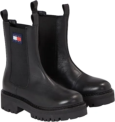 Tommy Jeans Damen Mid Boot Stiefel Urban Chelsea Stiefeletten, Schwarz (Black), 36 - Wanderschuhe mit winterfestem Design, dicke Sohle und angenehmes Innenfutter. Ideal für Büro und Alltag, kombinierbar mit Jeans oder Kleidern.