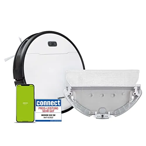 MEDION Saugroboter mit Wischfunktion und intelligenter Navigation S30 SW (2.800 Pa, Alexa App Steuerung, Saugen Wischen parallel, regulierbare Wasserabgabe, Tierhaar Allergiker optimiert)