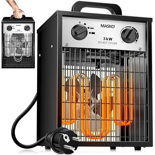 Masko® Elektroheizer Heizlüfter 3 KW mit Thermostat - Elektroheizkörper mit 3 Heizstufen und stufenlosem Thermostat für optimale Wärmeregulierung. Ideal für Innen- und Außeneinsatz, sicher und energiesparend dank PTC-Keramikelementen.