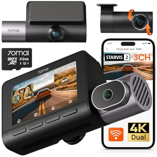 70mai T800-41 3-Kanal Dashcam 4K mit Nachtsicht - Dashcam mit 3 Kanälen und 4K-Qualität für vollständige Abdeckung. Inklusive Superkondensator für zuverlässigen Betrieb bei extremen Temperaturen und verbesserter Nachtsicht für klare Aufnahmen bei Dunkelheit.