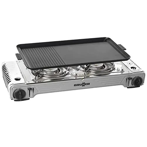 Brunner Devil Double Grill - 2-flammiger Kartuschen-Gaskocher mit Aluguss-Grillplatte, ideal für das Kochen unterwegs