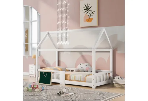 Flieks Kinderbett aus Kiefernholz mit Tafel und Rausfallschutz 90x200cm - Robustes Hausbett mit praktischer Tafel für kreative Spielstunden. Ideal für einen sicheren und gemütlichen Schlafplatz für Kinder.