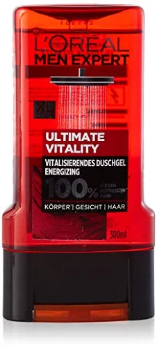 L'Oréal Men Expert Ultimate Vitality Duschgel für Männer - Duschgel für Gesicht, Körper und Haare mit Weinreben-Extrakt. Reinigt sanft und belebt die Männerhaut, ideal für einen frischen Start in den Tag.