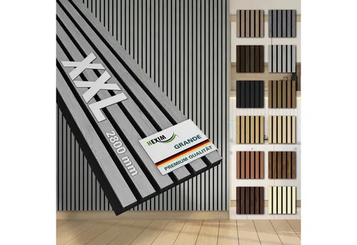 Hexim Wandpaneel, (Akustikpaneele 4 Stück 280x30cm Holz Grande - XXL Holzpaneele Platten Lamellen Wandverkleidung Echtholzfurnier 21mm Filz Schalldämmung MDF Grau 3,37m² Grey Oak)