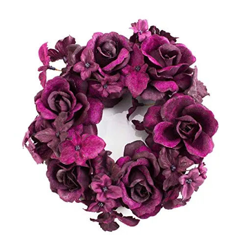 artplants.de XXL Ring, Rosenköpfen, Hortensienblüten, violett, Ø 15cm - Kerzenring - Kerzenkranz