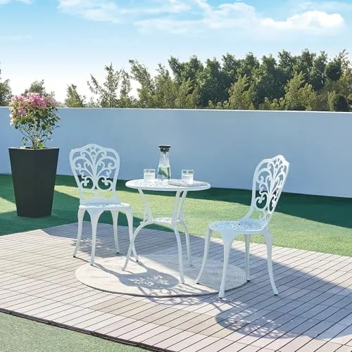 casa.pro Balkonset »Lupsam«, 3-tlg. Bistroset aus Aluminiumguss - Gartenmöbel-Set mit wetterbeständigem Design und Schirmloch im Tisch, ideal für gemütliche Stunden auf dem Balkon oder im Garten.