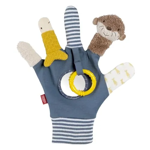 Fehn Spielhandschuh Otter – Fingerpuppen-Handschuh Otter und Fisch mit Rassel, Greifring, Raschelpapier & Spiegel – stärkt Eltern-Kind-Beziehung – für Babys und Kleinkinder 0+