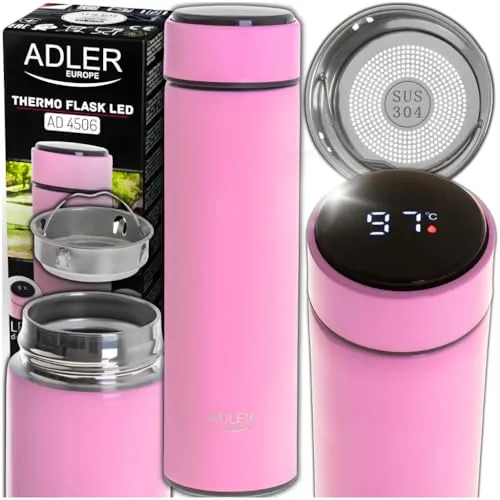 ADLER EUROPE AD4506P Thermobecher, Kaffee- und Teeflasche Inhalt 473ml, heiß bis 8 Stunden, kalt bis 12 Stunden, Temperaturanzeige, Kaffeeseparator, Edelstahl