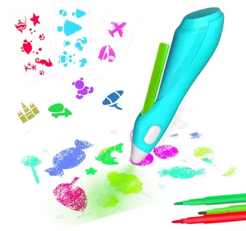 infactory Farbspritzpistole: Airbrush-Stift für Kinder, 12 Farben zum Sprühen, 30 Schablonen, USB (Airbrush-Spray-Stifte, Farbspritzpistolen, Geburtstag)