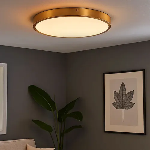 LED Deckenleuchte 22W, warmweiß 3000K - Moderne Deckenlampe aus messingfarbenem Metall und opalem Kunststoff, ideal für Wohnzimmer und Esszimmer. Mit 1800 Lumen sorgt sie für eine angenehme Atmosphäre.