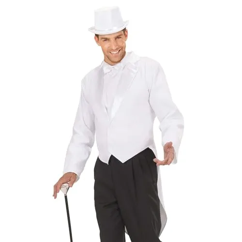 Widmann S.r.l. Herren Frack Weiß Satin - Eleganter Herren Frack in Weiß aus Satin von Widmann. Ideal für Kostüm- und Mottopartys. Mit tiefem Kragen und zwei Knöpfen für einen perfekten Sitz. Perfekt für Fasching, Karneval und Halloween. Material: 100% Polyester.