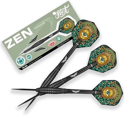 Shot! - Zen Kensho Steeldarts | 90% Tungsten für Langlebigkeit | 24g Gewicht für Präzision | Ergonomisches Design für Komfort | Komplettset mit Schäfte & Flights