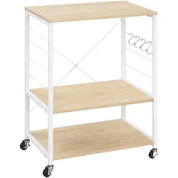 WOLTU Küchenregal auf Rollen, Mikrowellen-Regal mit 3 Ablagen & 4 Haken, dreistufiger Servierwagen mit Metallrahmen, Mikrowellenhalter, Helle Eiche + Weiß, 60x40x82,5 cm