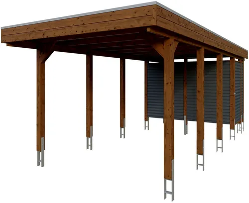 Skan Holz Carport Friesland Hybrid 314 cm x 708 cm Nussbaum - Carport mit Abstellraum, aus imprägniertem Nadelholz und modernen Aluminium-Trapezprofilen, bietet hohen Schutz und Stabilität für Ihr Fahrzeug.