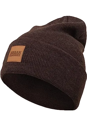Urban Classics Unisex Strickmütze Leatherpatch Long Beanie Braun (Heather Brown 461), One Size (Herstellergröße: One Size)