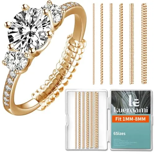 Kueroami Ringgrößenversteller für lose Ringe – Unsichtbarer Silikon-Spiralring-Ringverkleiner (6 Größen, 1–8 mm Breite), Einfach Zu Wickeln, 30-Sek-Installation (Gold)