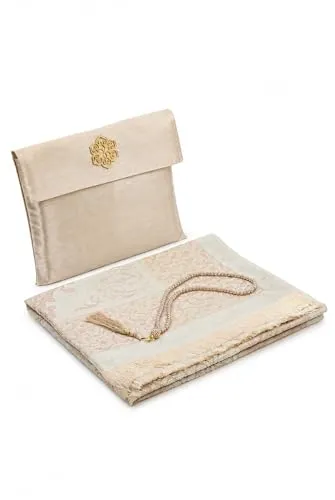ihvan online Muslimischer Gebetsteppich und Perlen mit eleganter Slub-Stofftasche Janamaz Sajadah Weicher islamischer Gebetsteppich Islamische Geschenke Gebetsteppichmatte, Taftstoff, Gold