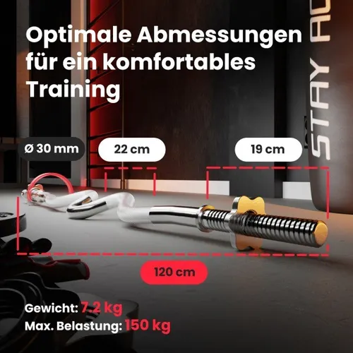 Hop-Sport SZ-Stange 30mm – Verchromte Curlstange 120 cm für sicheres Krafttraining - Hanteln & Gewichte, aus massivem Stahl mit rutschfesten Griffen und einer maximalen Belastung von 150 kg für effektives und sicheres Training.