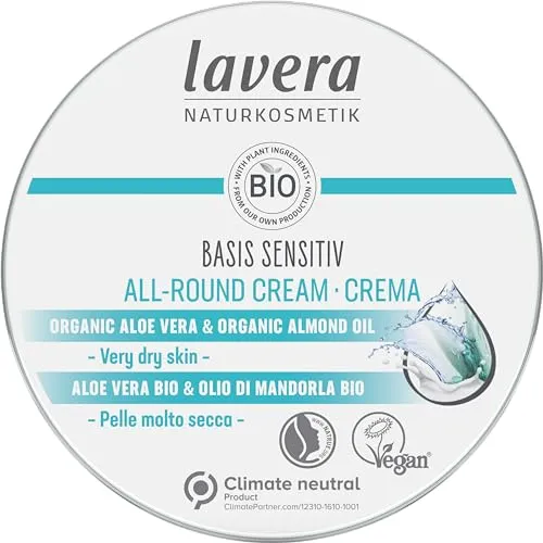 Lavera Basis Sensitiv Universalcreme 150 ml für sehr trockene Haut - Bodycremes für Damen, spendet intensive Feuchtigkeit und regeneriert trockene Haut für verbesserte Elastizität und ein erfrischtes Hautgefühl.