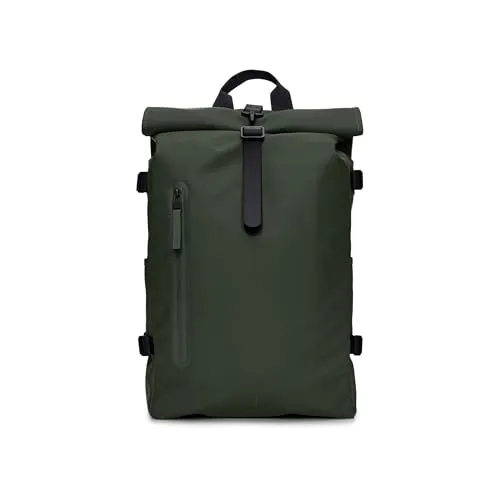 Rains Large Rolltop Rucksack dunkelgrün - Stylischer Rucksack aus wasserabweisendem Material, ideal für Abenteuer und den Alltag.