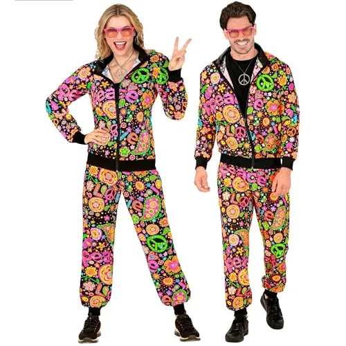 W WIDMANN MILANO Party Fashion - Peace & Love Hippie Trainingsanzug - Kostüm-Outfits für Erwachsene im 80er Jahre Stil, leuchtend unter UV-Licht für spektakuläre Party-Effekte, ideal für Gruppen und bequem über normaler Kleidung tragbar.
