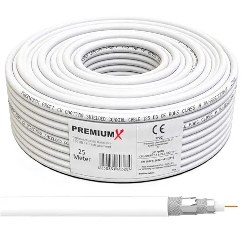 Premium X 25m PROFI Koaxialkabel KUPFER 135dB 4-fach SAT Antennenkabel Koax-Kabel DVB-S / S2 DVB-C DVB-T BK Anlagen Satellitenkabel