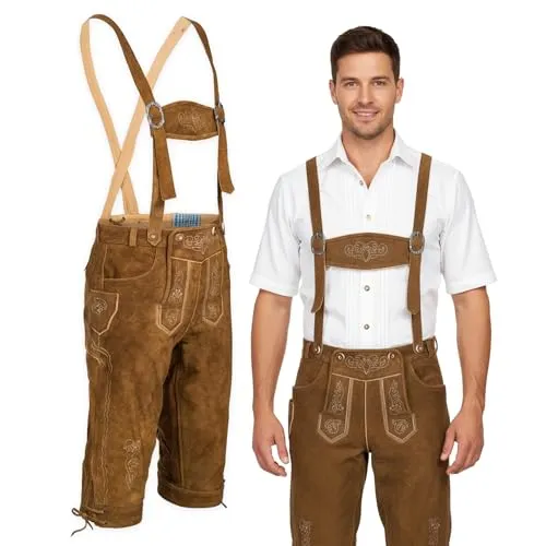 Herren Trachten Lederhose mit Träger - Kniebund Trachtenlederhose - Oktoberfest Tracht Hose braun Gr. 46-60 BR3 (50)