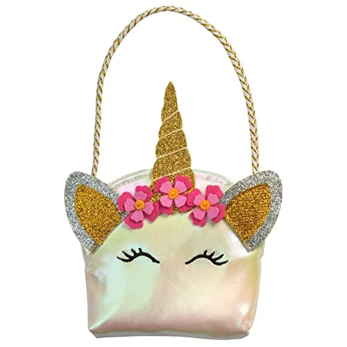 Heless 290 - Puppenzubehör im Einhorn Design, Handtasche mit Glitzerohren, Horn und Blütenapplikation für Puppen und Kuscheltiere der Größe 35-45 cm Mehrfarbig