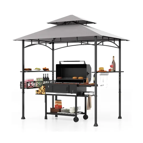 GOPLUS Grillpavillon mit Doppeldach & Ablagen - Wetterfester Grillpavillon mit 242 x 153 cm, bietet Schatten und Luftzirkulation. Ausgestattet mit Ablagekorb, 10 Haken und zwei stabilen Serviertischen für Ordnung und Komfort beim Grillen.