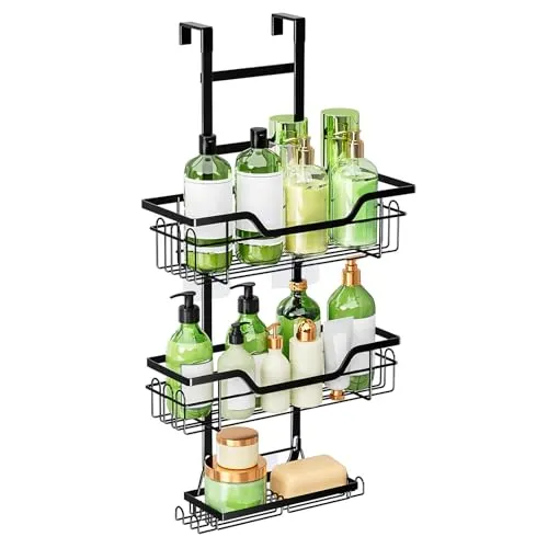 MDDK DY Duschablage ohne Bohren Schwarz, Duschablage zum HäNgen, Duschregal ohne Bohren füR GlastüR, Shampoo Duschgel Halterung füR Dusche mit 3 Duschkorb, Schwarz
