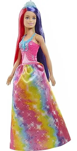 Barbie GTF38 - Dreamtopia Regenbogen Königlich (ca. 30 cm) mit extralangen Fantasiehaaren in Zwei Farben, Haarbürste, Haarschmucken und Stylingzubehör, Geschenk für Kinder von 3 bis 7 Jahren