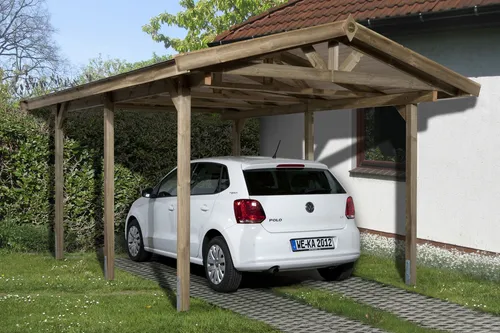 Weka Einzelcarport 611 mit Satteldach 288 cm x 389 cm - Carport mit stabiler Konstruktion und wetterfestem Satteldach aus 19 mm Massivholz, ideal für PKW, Motorrad oder Fahrrad. Robuste Pfosten sorgen für optimale Stabilität.