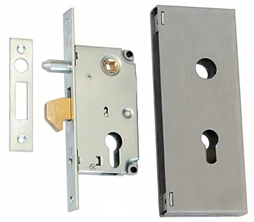 KeyMet Hakenschloss Einsteckschloss Schiebetürschloss 72/40 mit Führungsdorn, Silber, Verzinkt