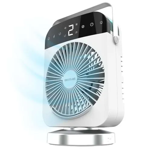 Cecotec EnergySilence 600 DeskChill Smart Rotate - Ventilator mit 4 Geschwindigkeitsstufen und 75° Oszillation für optimale Luftverteilung. Programmierbare Zeitschaltuhr bis 8 Stunden und LED-Licht mit 7 Farben für eine individuelle Nutzung.