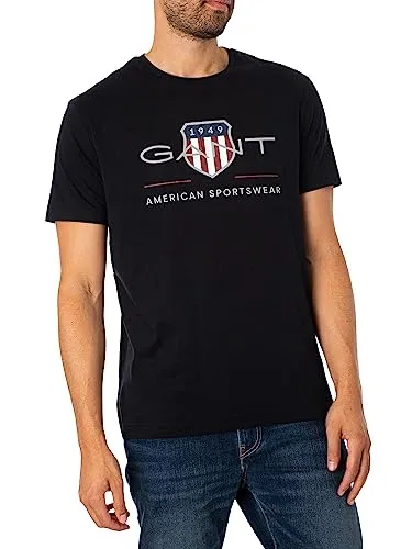 Gant Herren Reg Shield T-Shirt, Schwarz, M EU - T-Shirts für Herren, aus hochwertiger Baumwolle mit aufgestickter Wappen-Grafik und feinem Rippstrick-Ausschnitt für optimalen Tragekomfort.