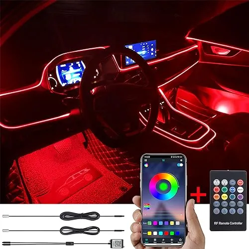 TABEN Auto Atmosphärenlicht Kit Musiksynchronisation Mehrfarbig RGB 16 Millionen Farben 3 Meter Glasfaser USB-Ambientebeleuchtung Kit, drahtlose RF-Fernbedienung und Bluetooth-App-Steuerung DC 12V