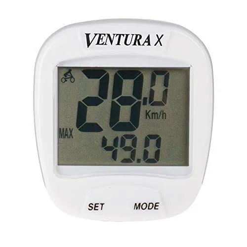 Ventura X Fahrrad Computer, Fahrradtacho, mit Kabel, 10 Funktionen, spritzwassergeschützt, Stopuhr, Kilomteranzeige, weiß