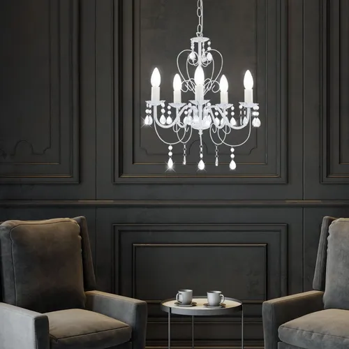 Globo Kronleuchter Weiß, 44 cm Durchmesser - Elegante Hängeleuchte aus Metall mit geschliffenen Acrylkristallen, ideal für ein herrschaftliches Ambiente. Für 5 E14 Leuchtmittel, Höhe 150 cm.