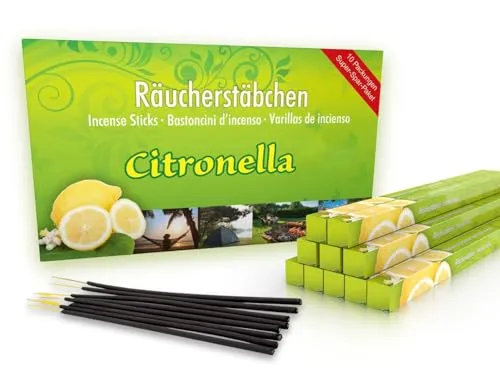 LUXflair 10 Packungen Citronella Räucherstäbchen, Glimmdauer ca. 60h (gesamt). XL Vorrat als Alternative zur Citronella Kerze für draußen/im Garten