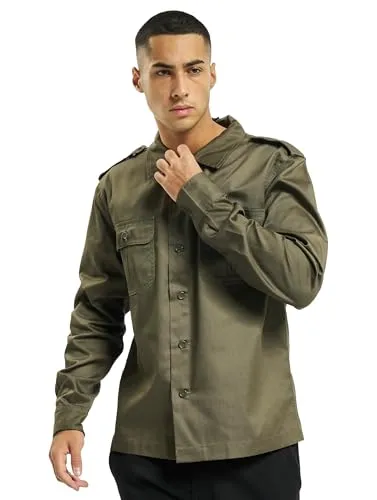 Brandit US Shirt Long Sleeve - Olive, Größe XL - Herrenhemd aus wasserabweisendem, robustem Mischgewebe mit geradem Schnitt und praktischen Schulterklappen, ideal für Outdoor-Aktivitäten.