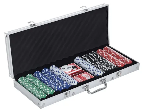HOMCOM Pokerkoffer Kunststoff (PS), Aluminium - Sammelkarten-Set mit 500 Pokerchips in verschiedenen Farben, 5 Würfeln, 1 Dealer-Chip und 2 Kartendecks für unvergessliche Pokerabende.
