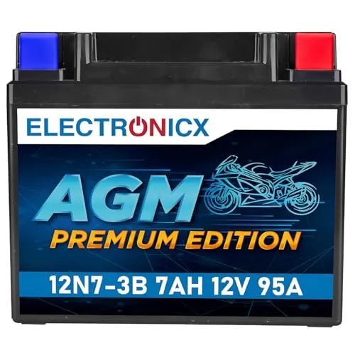 Electronicx, AGM, Motorradbatterie12N7-3B 12V 7Ah 95A – Wartungsfrei, versiegelt, auslaufsicher und kompakt. Ideal für Roller, Quads und Motorräder. Zuverlässige Startleistung und lange Lebensdauer.