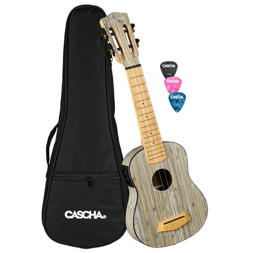 Cascha 2315E Sopran Ukulele Bamboo Graphit Bundle - mit Tonabnehmer und integriertem Tuner, ideal für Musiker und Einsteiger