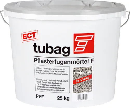 tubag PFF steingrau Pflasterfugenmörtel - 25 kg Eimer - Wasser durchlässiger Fugenmörtel für Pflaster und Natursteinplatten, ideal für Fußgängerbereiche. Einfache Verarbeitung dank Easy Clean Technology (ECT) und kehrmaschinengeeignet.