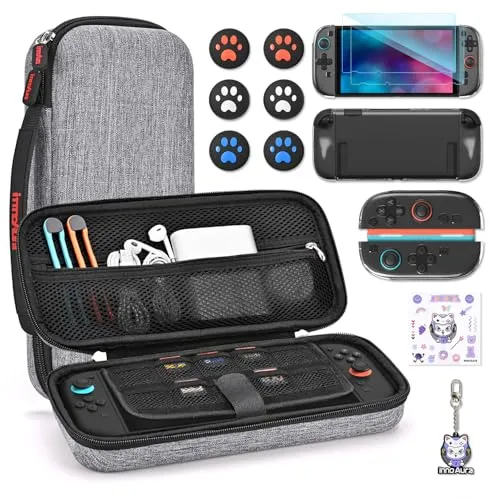 innoAura Switch 2 Tasche 14-in-1 Bundle für NS Switch 2 (2025), Switch 2 Case mit Tragetasche, Schutzhülle, Stick-Caps, Schutzfolie, süßem Anhänger und Sticker, Grau