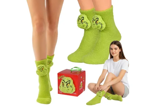 Sarcia.eu Haussocken Grinch Damen, warme Plüsch-Weihnachtssocken in Geschenkbox