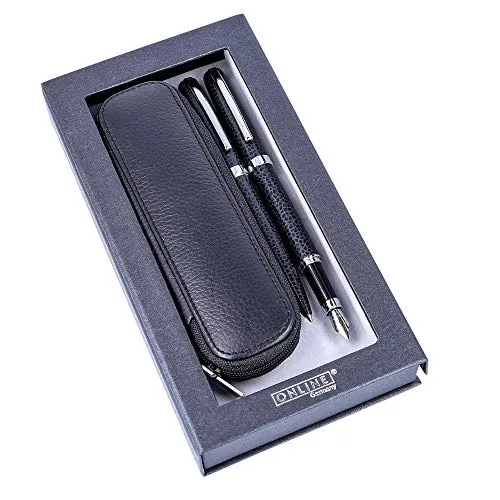 ONLINE Schreib-Set Eleganza, Leather Style, enthält Kugelschreiber, Füllhalter, Echt-Lederetui, Schwarz, 3-teilig, in hochwertiger Geschenkbox, Füller für Standardpatronen, Kulli mit Großraummine G2