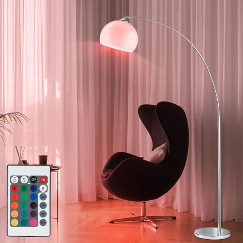 Höhenverstellbare Bogenstehlampe mit Fernbedienung - Stehleuchte mit RGB Farbwechsel, dimmbar und ideal für Wohnzimmer. Setzen Sie stilvolle Akzente mit warmweißem Licht und einer Reichweite von bis zu 8 Metern.
