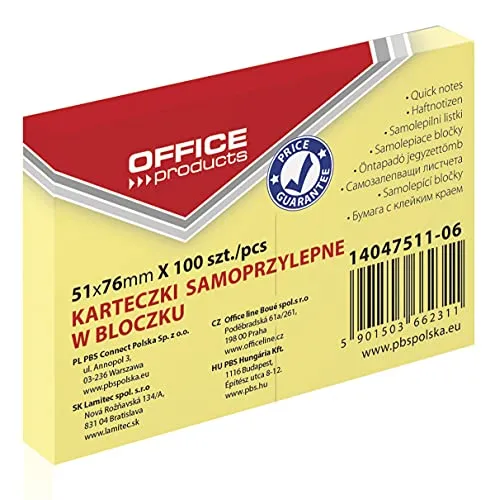 OFFICE PRODUCTS 14047511-06 Haftnotiz 51 x 76 mm, 1 X 100 Blatt, Pastellfarbe/kanariengelb